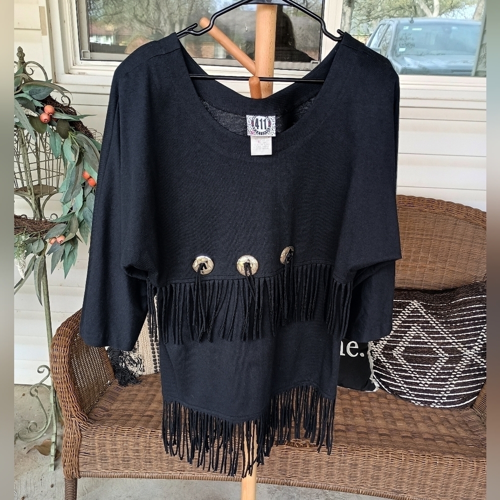 Vintage Set 411 Sportswear Black Fringe Top and Skirt with Button Accents_Med - Picture 2 of 11